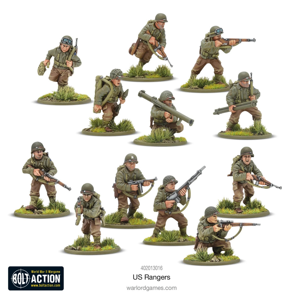 Set of US Ranger miniatures from Warlord Games' Bold Action line on a white background.