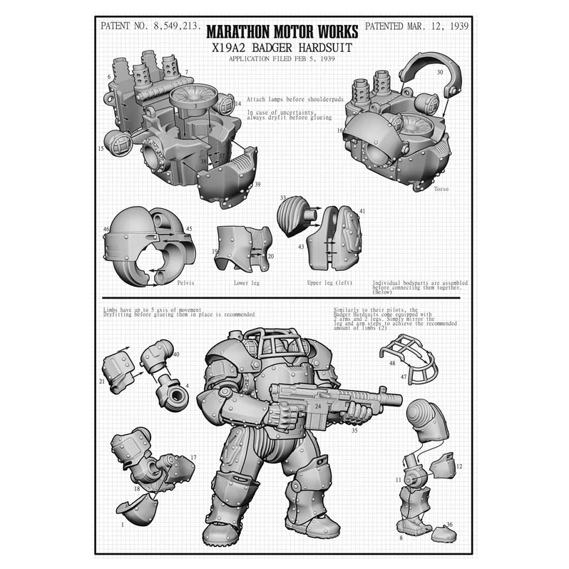 Marcher: U.S. X19A2 Badger Hardsuit Sprue - 28mm Dieselpunk Miniatures